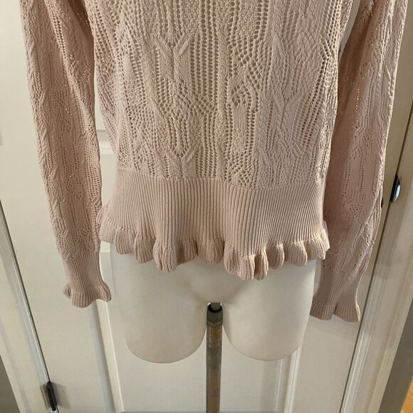 Joie Blush Pink Joie "Caire" Crochet Open Knit Pullover Ruffle Sweater- Size M - Picture 4 of 16